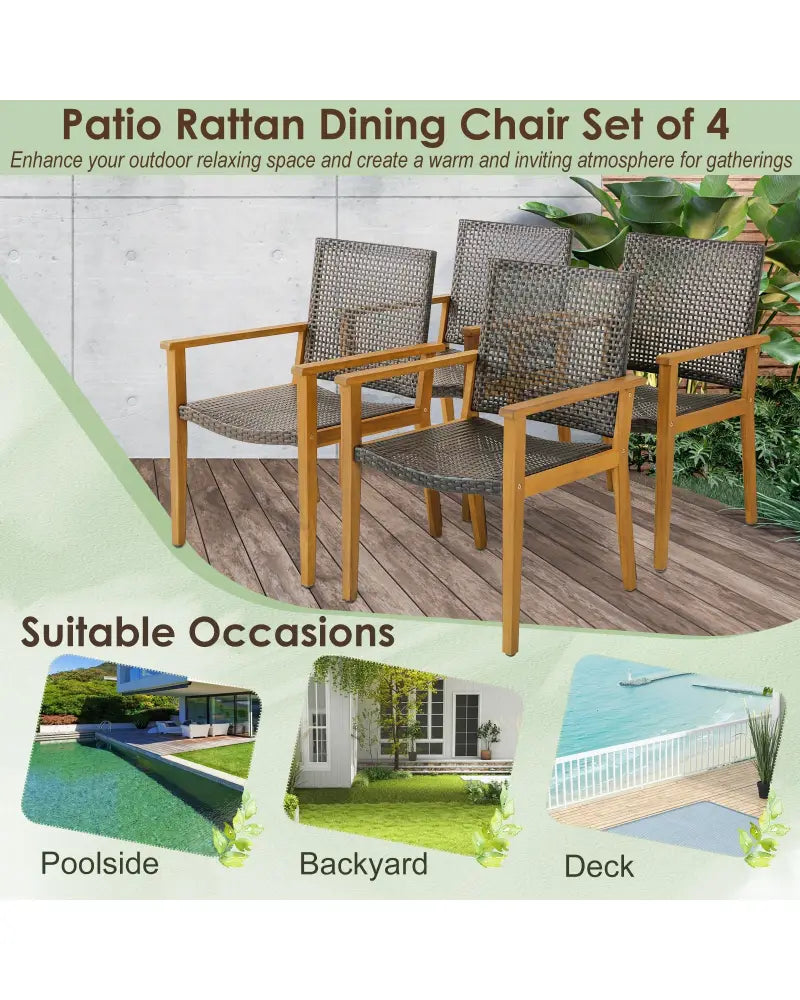 Set of 4 Outdoor Rattan Chair with Sturdy Acacia Wood Frame-Set of 4 - Gray - Patio Dining Chairs