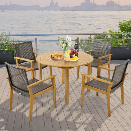 Set of 4 Outdoor Rattan Chair with Sturdy Acacia Wood Frame-Set of 4 - Gray - Patio Dining Chairs