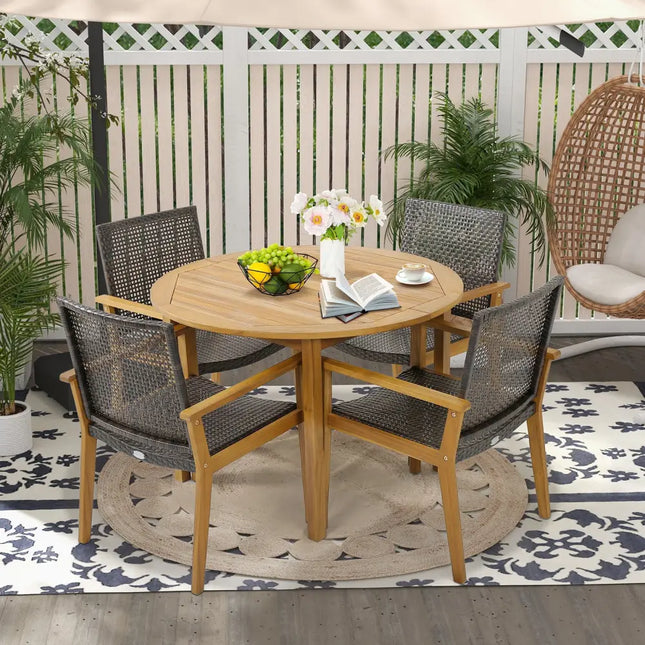 Set of 4 Outdoor Rattan Chair with Sturdy Acacia Wood Frame-Set of 4 - Gray - Patio Dining Chairs