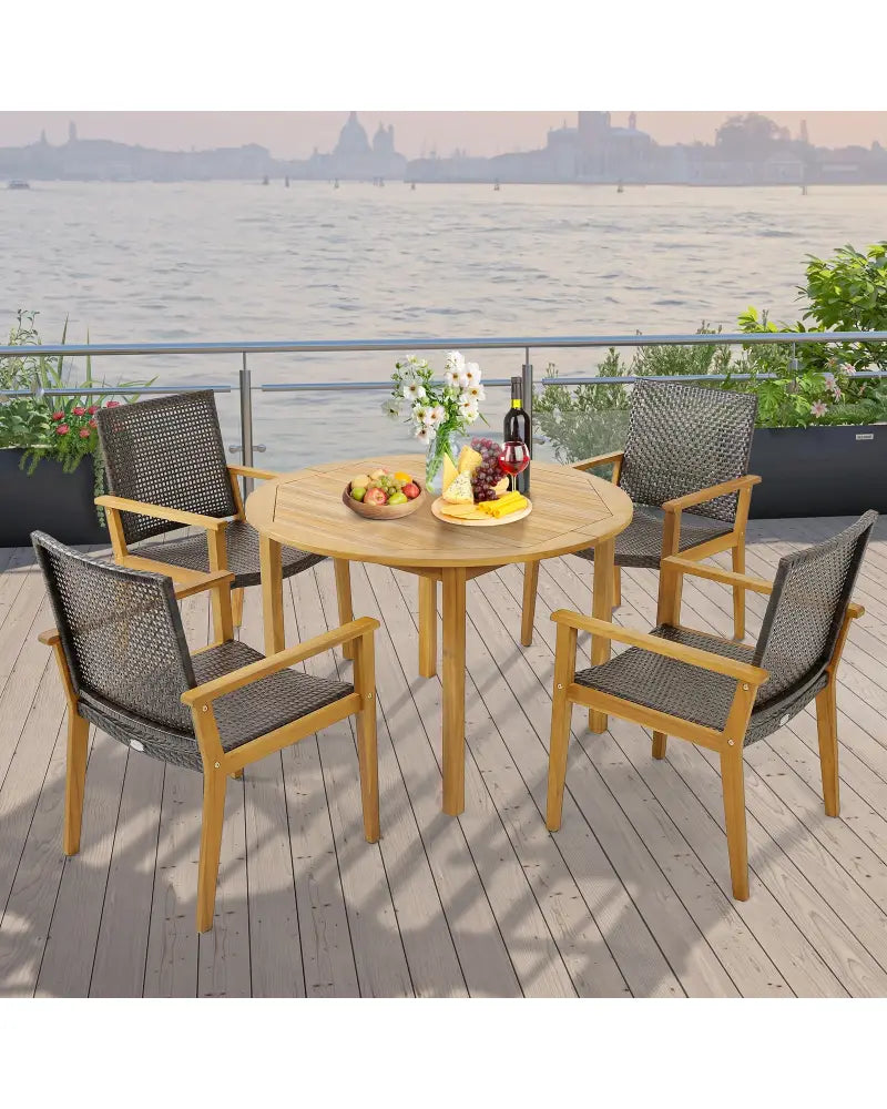 Set of 4 Outdoor Rattan Chair with Sturdy Acacia Wood Frame-Set of 4 - Gray - Patio Dining Chairs