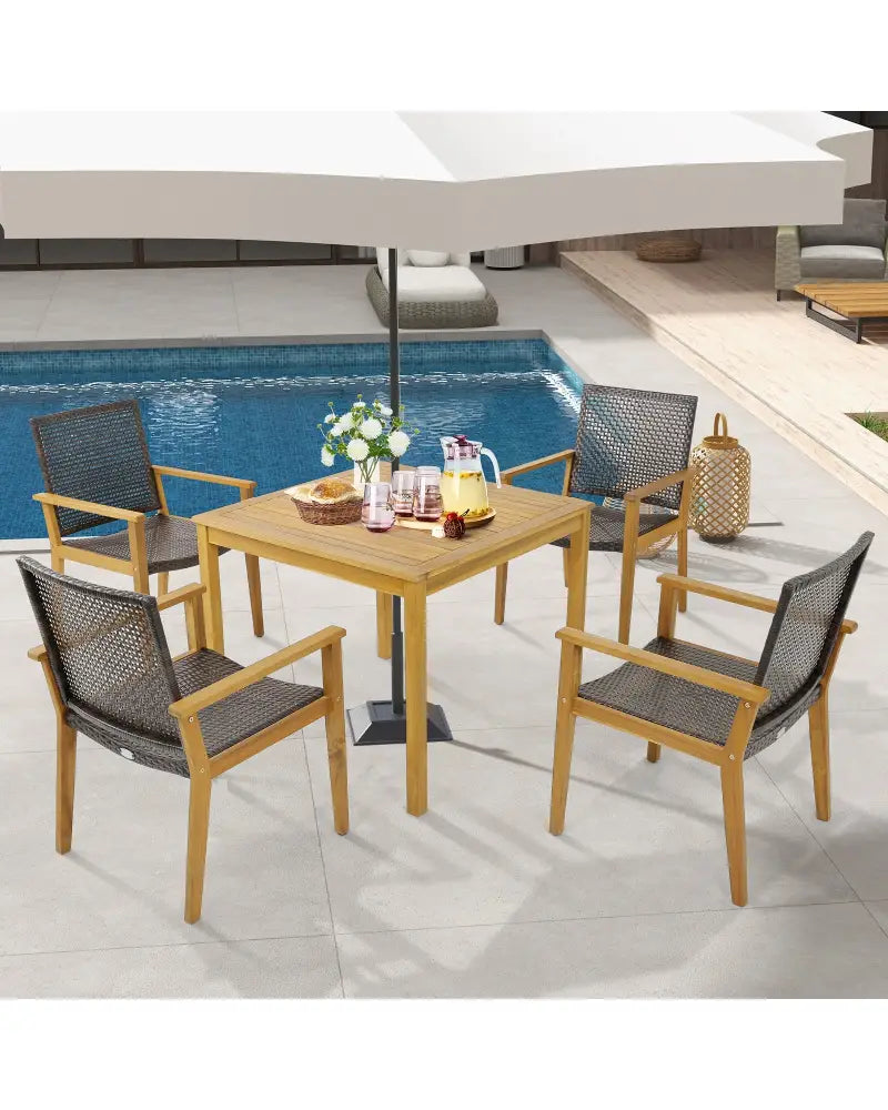 Set of 4 Outdoor Rattan Chair with Sturdy Acacia Wood Frame-Set of 4 - Gray - Patio Dining Chairs