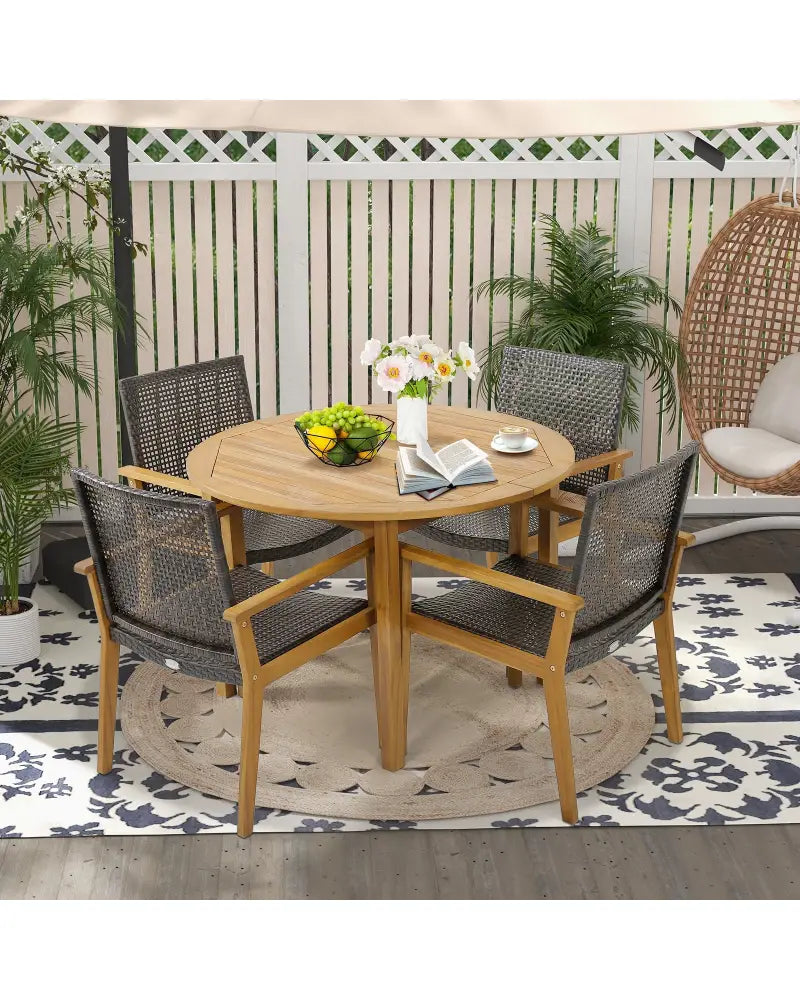 Set of 4 Outdoor Rattan Chair with Sturdy Acacia Wood Frame-Set of 4 - Gray - Patio Dining Chairs