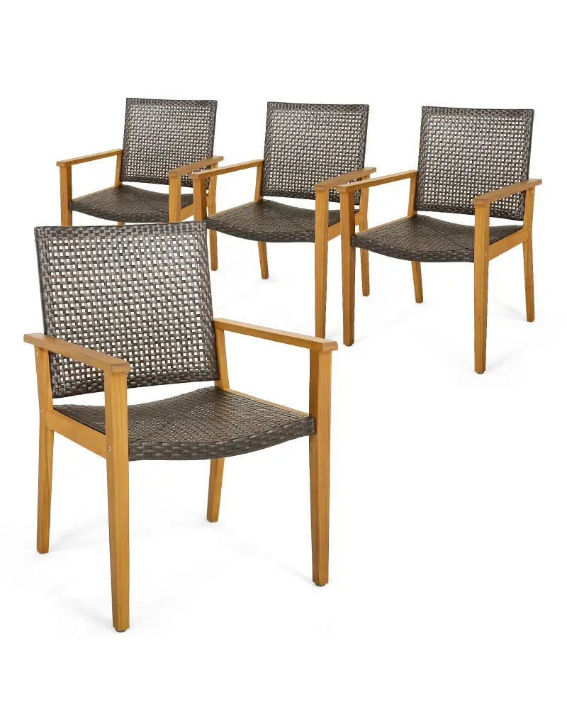 Set of 4 Outdoor Rattan Chair with Sturdy Acacia Wood Frame-Set of 4 - Gray - Patio Dining Chairs