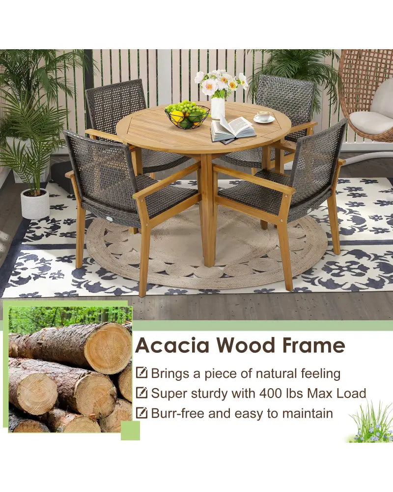 Set of 4 Outdoor Rattan Chair with Sturdy Acacia Wood Frame-Set of 4 - Gray - Patio Dining Chairs
