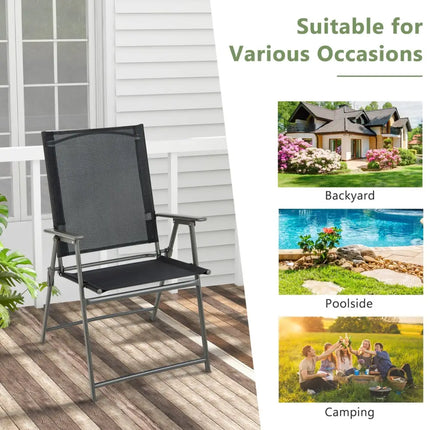 Set of 4 Patio Folding Chair Set with Rustproof Metal Frame-Black - Black - Beach & Lawn Chairs