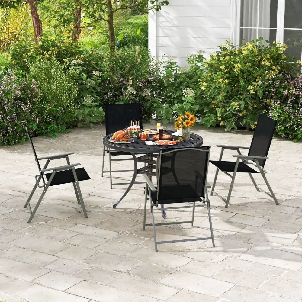 Set of 4 Patio Folding Chair Set with Rustproof Metal Frame-Black - Black - Beach & Lawn Chairs