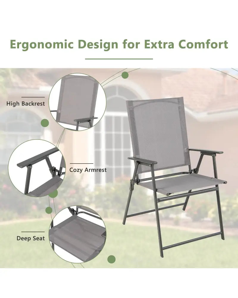 Set of 4 Patio Folding Chair Set with Rustproof Metal Frame-Gray - Gray - Beach & Lawn Chairs