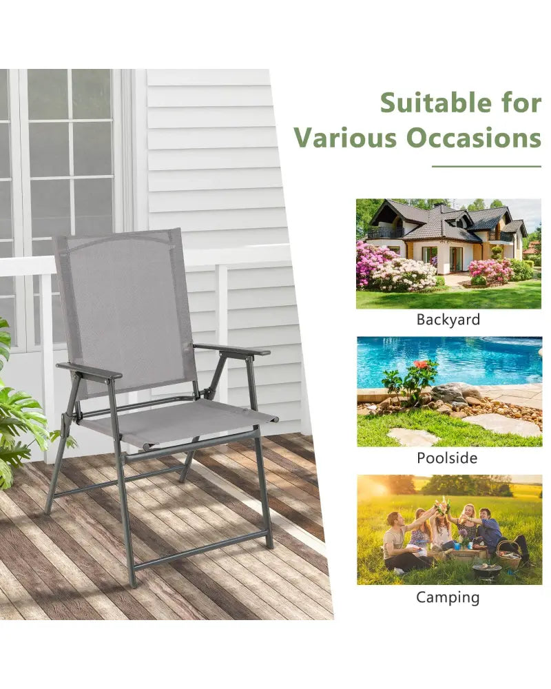 Set of 4 Patio Folding Chair Set with Rustproof Metal Frame-Gray - Gray - Beach & Lawn Chairs