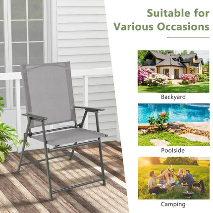 Set of 4 Patio Folding Chair Set with Rustproof Metal Frame-Gray - Gray - Beach & Lawn Chairs