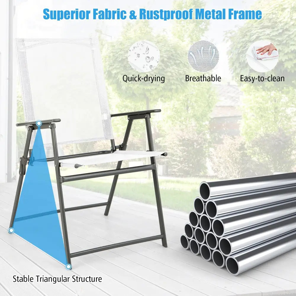 Set of 4 Patio Folding Chair Set with Rustproof Metal Frame-White - White - Beach & Lawn Chairs