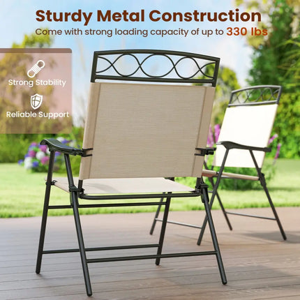 Set of 4 Patio Folding Chairs Set Dining Chairs with Armrests-Beige - Beige - Patio Dining Chairs