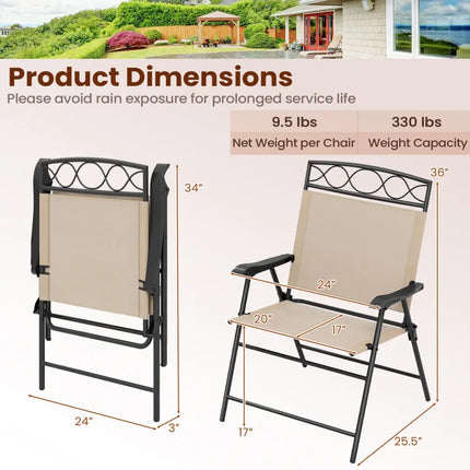 Set of 4 Patio Folding Chairs Set Dining Chairs with Armrests-Beige - Beige - Patio Dining Chairs