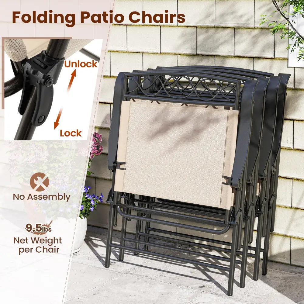 Set of 4 Patio Folding Chairs Set Dining Chairs with Armrests-Beige - Beige - Patio Dining Chairs