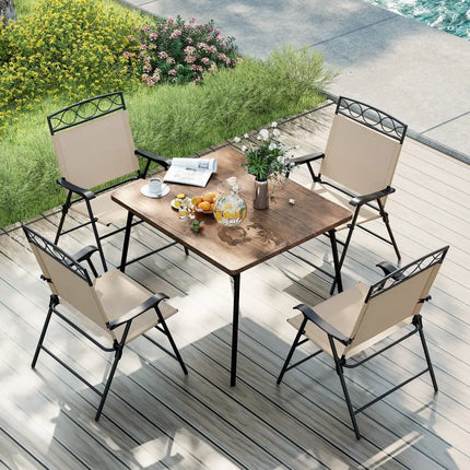 Set of 4 Patio Folding Chairs Set Dining Chairs with Armrests-Beige - Beige - Patio Dining Chairs
