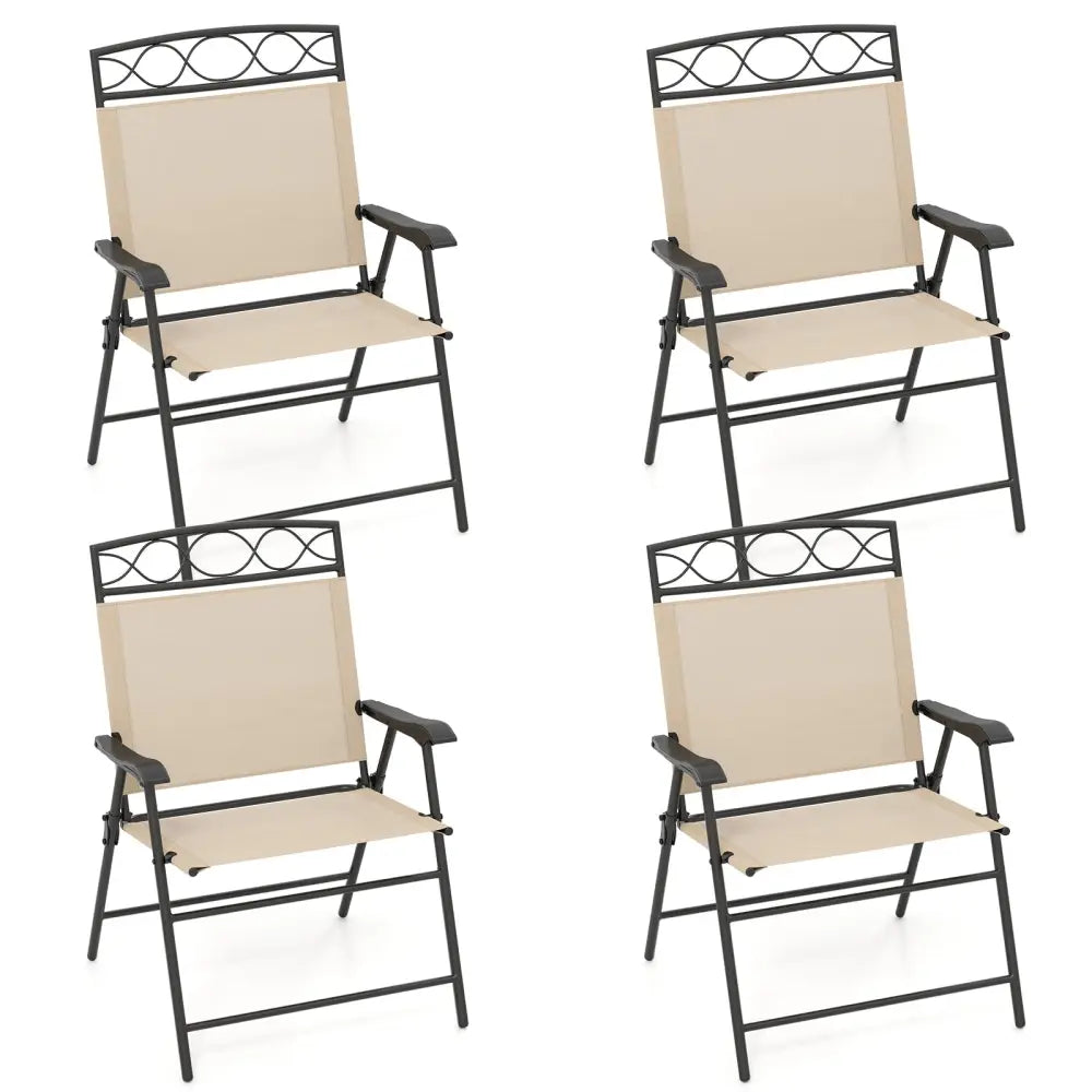 Set of 4 Patio Folding Chairs Set Dining Chairs with Armrests-Beige - Beige - Patio Dining Chairs