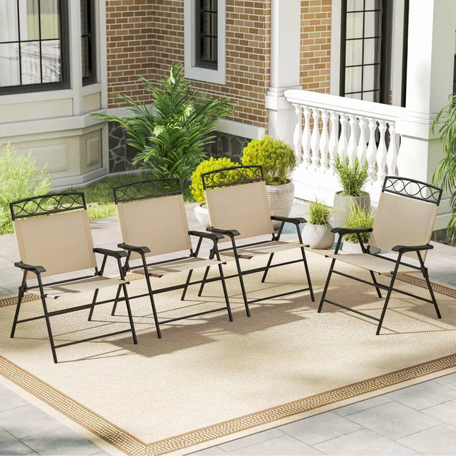 Set of 4 Patio Folding Chairs Set Dining Chairs with Armrests-Beige - Beige - Patio Dining Chairs