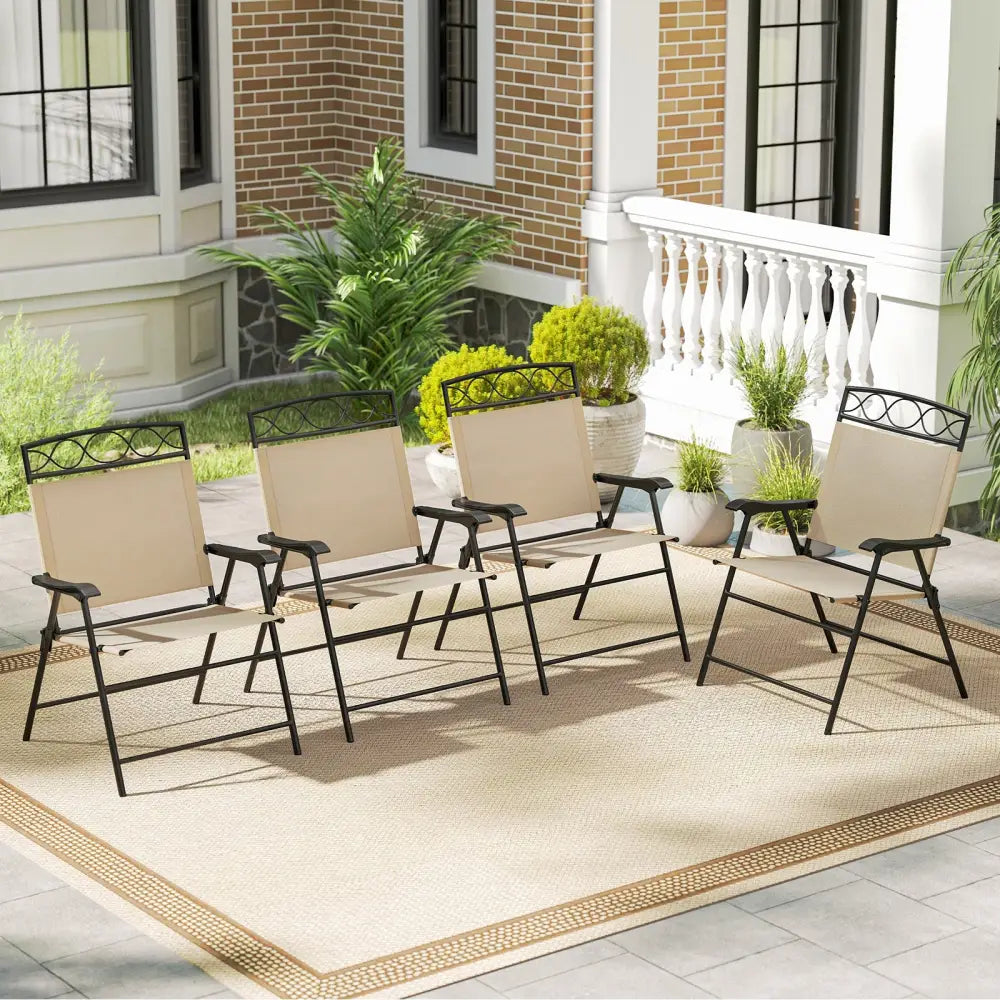 Set of 4 Patio Folding Chairs Set Dining Chairs with Armrests-Beige - Beige - Patio Dining Chairs