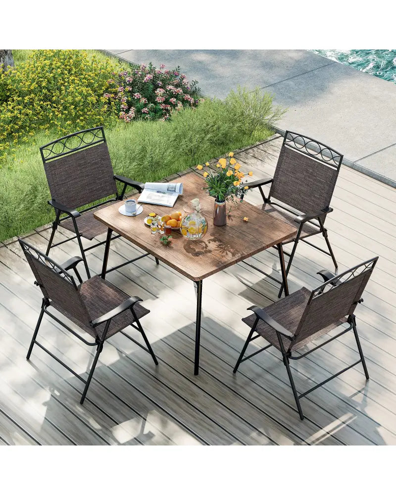 Set of 4 Patio Folding Chairs Set Dining Chairs with Armrests-Brown - Brown - Patio Dining Chairs