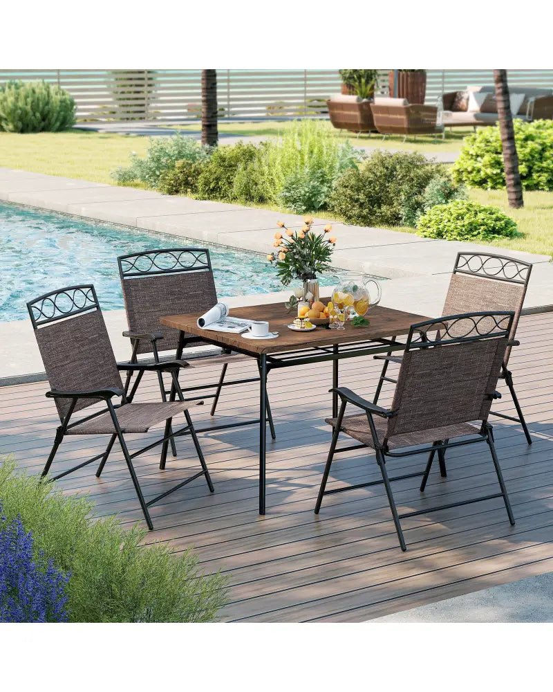 Set of 4 Patio Folding Chairs Set Dining Chairs with Armrests-Brown - Brown - Patio Dining Chairs