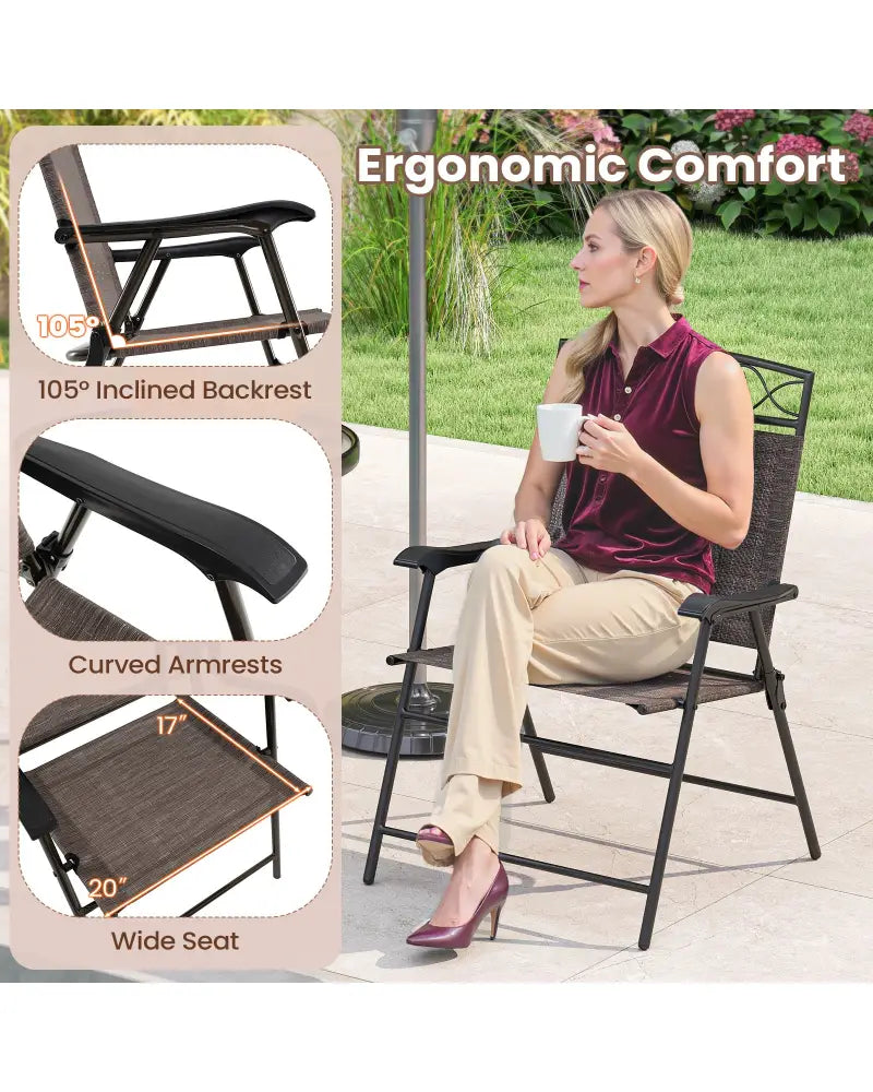 Set of 4 Patio Folding Chairs Set Dining Chairs with Armrests-Brown - Brown - Patio Dining Chairs