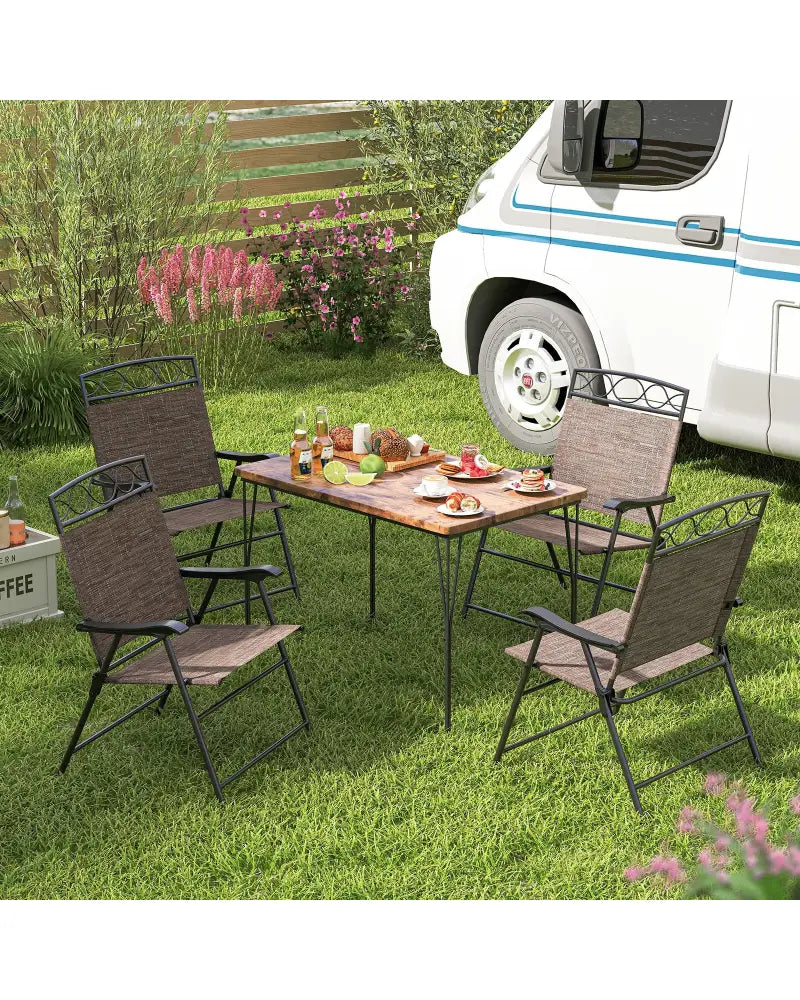Set of 4 Patio Folding Chairs Set Dining Chairs with Armrests-Brown - Brown - Patio Dining Chairs