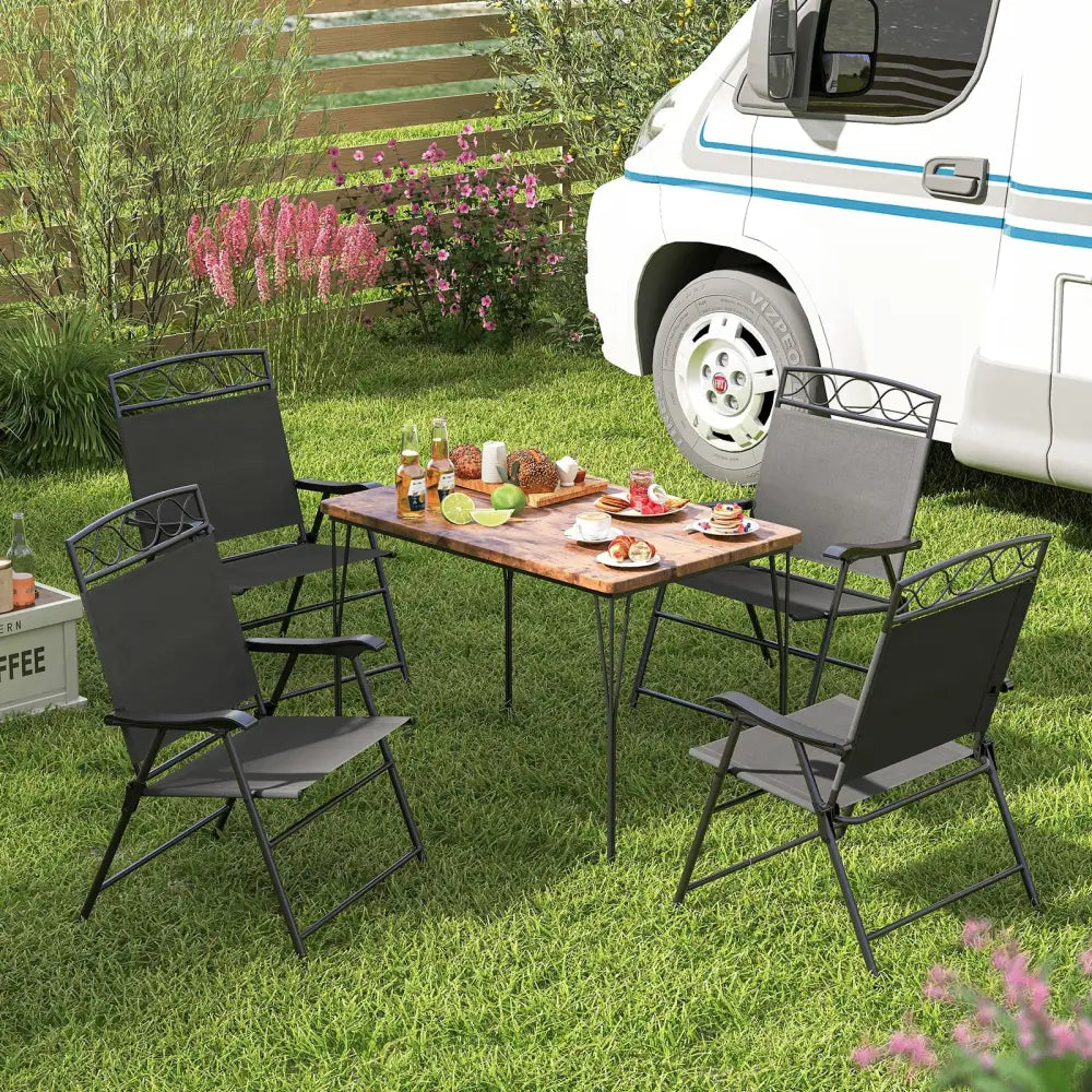 Set of 4 Patio Folding Chairs Set Dining Chairs with Armrests-Gray - Gray - Patio Dining Chairs