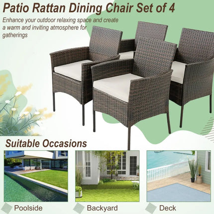 Set of 4 Patio PE Wicker Dining Chairs with Seat Cushions and Armrests-Set of 4 - Brown - Patio Dining Chairs