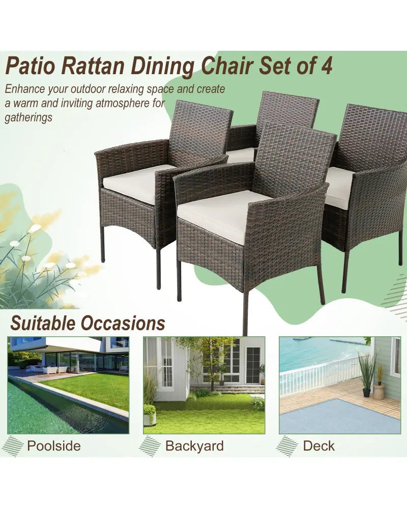 Set of 4 Patio PE Wicker Dining Chairs with Seat Cushions and Armrests-Set of 4 - Brown - Patio Dining Chairs