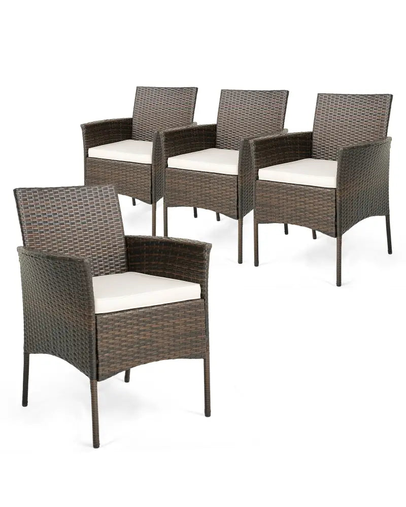Set of 4 Patio PE Wicker Dining Chairs with Seat Cushions and Armrests-Set of 4 - Brown - Patio Dining Chairs