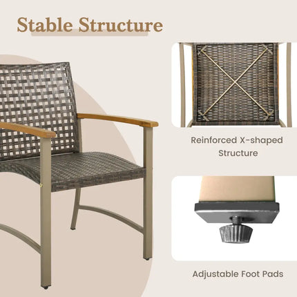 Set of 4 Patio Rattan Dining Chairs with Acacia Wood Armrests-Set of 4 - Gray - Patio Dining Chairs