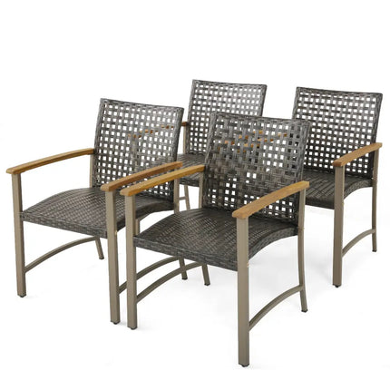 Set of 4 Patio Rattan Dining Chairs with Acacia Wood Armrests-Set of 4 - Gray - Patio Dining Chairs