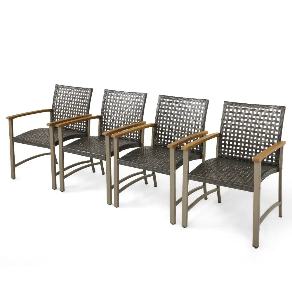 Set of 4 Patio Rattan Dining Chairs with Acacia Wood Armrests-Set of 4 - Gray - Patio Dining Chairs