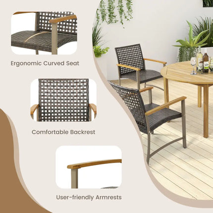 Set of 4 Patio Rattan Dining Chairs with Acacia Wood Armrests-Set of 4 - Gray - Patio Dining Chairs