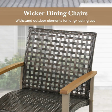 Set of 4 Patio Rattan Dining Chairs with Acacia Wood Armrests-Set of 4 - Gray - Patio Dining Chairs