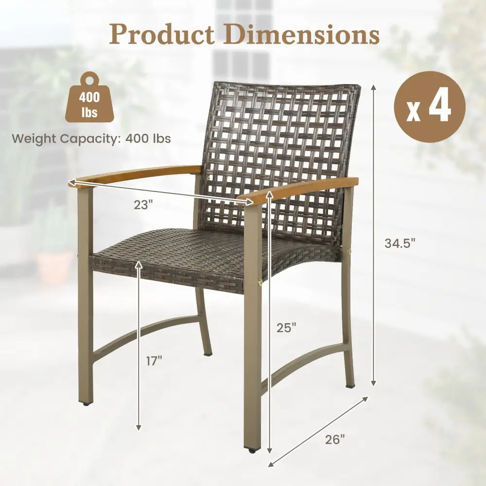 Set of 4 Patio Rattan Dining Chairs with Acacia Wood Armrests-Set of 4 - Gray - Patio Dining Chairs