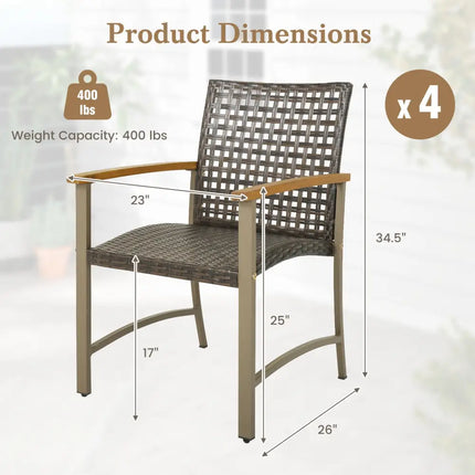 Set of 4 Patio Rattan Dining Chairs with Acacia Wood Armrests-Set of 4 - Gray - Patio Dining Chairs