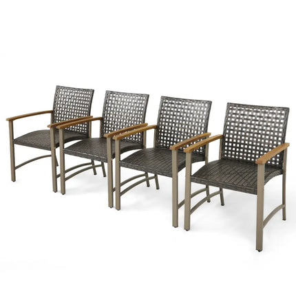 Set of 4 Patio Rattan Dining Chairs with Acacia Wood Armrests-Set of 4 - Gray - Patio Dining Chairs