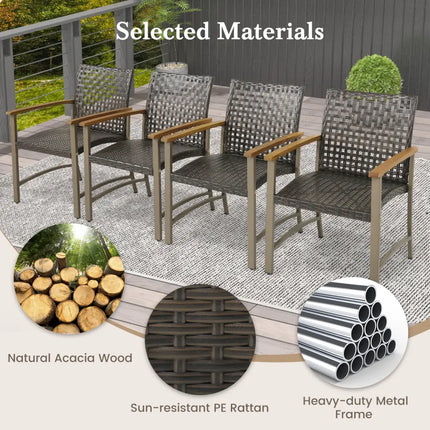 Set of 4 Patio Rattan Dining Chairs with Acacia Wood Armrests-Set of 4 - Gray - Patio Dining Chairs