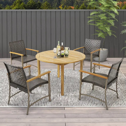 Set of 4 Patio Rattan Dining Chairs with Acacia Wood Armrests-Set of 4 - Gray - Patio Dining Chairs