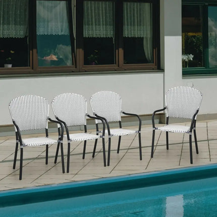 Set of 4 Patio Rattan Stackable Dining Chair with Armrest for Garden-White - White - Patio Dining Chairs