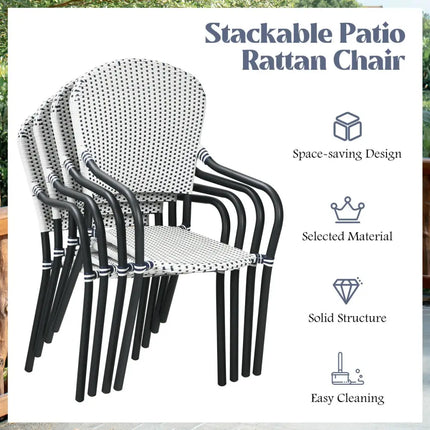 Set of 4 Patio Rattan Stackable Dining Chair with Armrest for Garden-White - White - Patio Dining Chairs