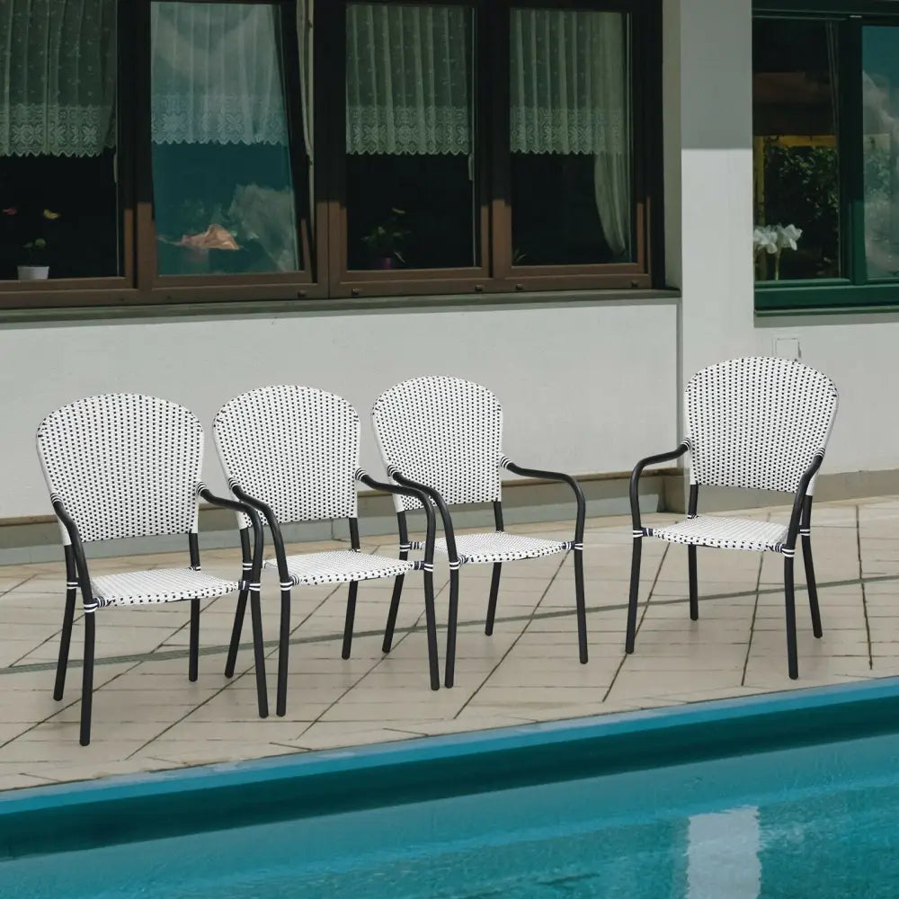 Set of 4 Patio Rattan Stackable Dining Chair with Armrest for Garden-White - White - Patio Dining Chairs