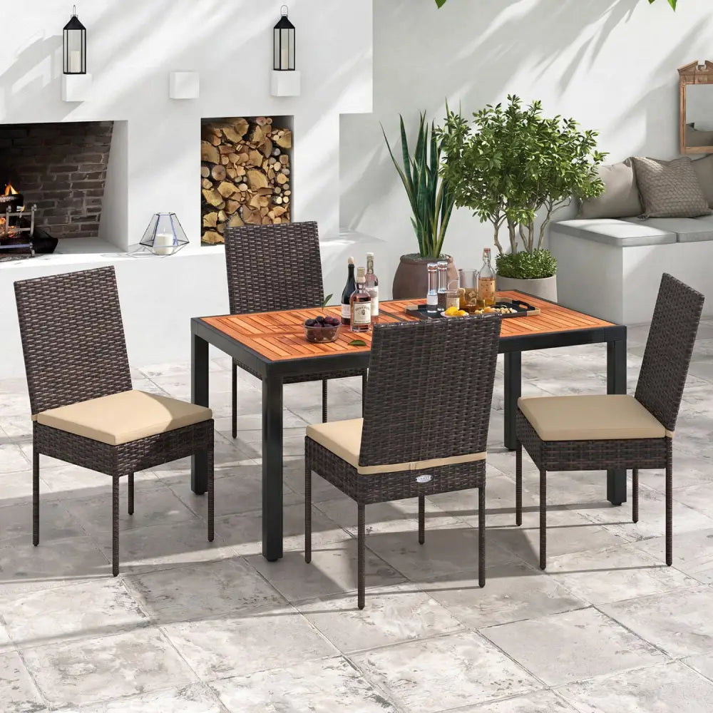 Set of 4 Patio Rattan Wicker Dining Chairs Set with Soft Cushions- Brown - Brown - Patio Dining Chairs