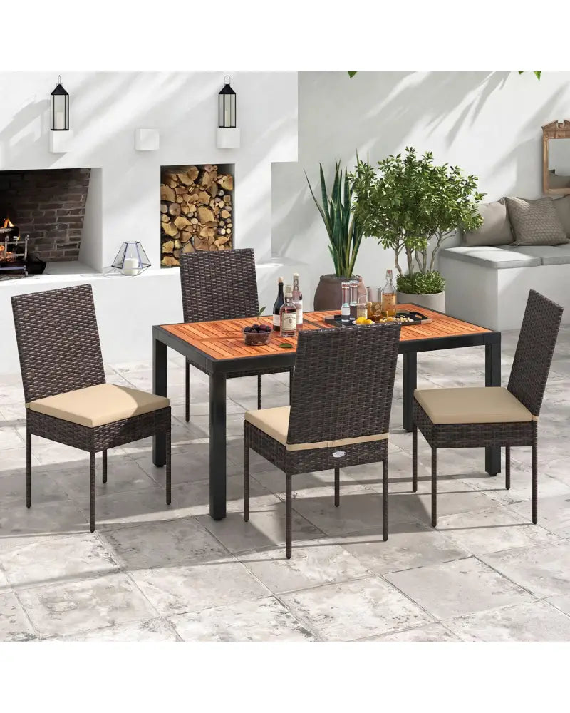 Set of 4 Patio Rattan Wicker Dining Chairs Set with Soft Cushions- Brown - Brown - Patio Dining Chairs