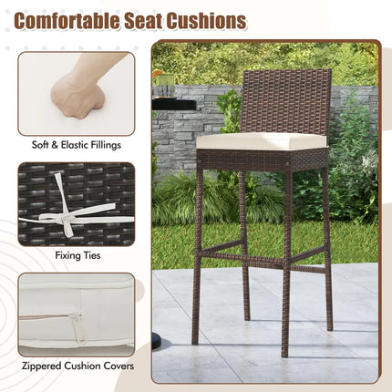 Set of 4 Patio Wicker Barstools with Seat Cushion and Footrest-Set of 4 - Off White - Patio Bar Furniture