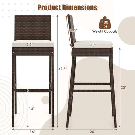 Set of 4 Patio Wicker Barstools with Seat Cushion and Footrest-Set of 4 - Off White - Patio Bar Furniture
