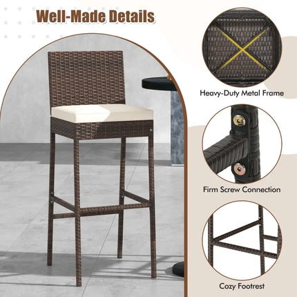 Set of 4 Patio Wicker Barstools with Seat Cushion and Footrest-Set of 4 - Off White - Patio Bar Furniture
