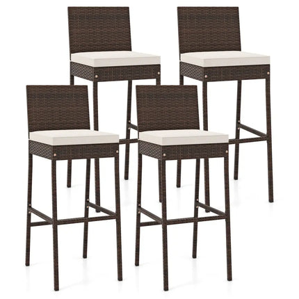 Set of 4 Patio Wicker Barstools with Seat Cushion and Footrest-Set of 4 - Off White - Patio Bar Furniture