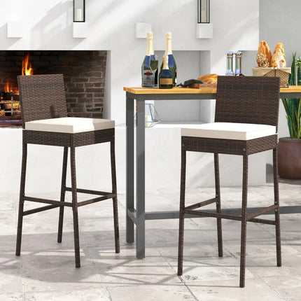 Set of 4 Patio Wicker Barstools with Seat Cushion and Footrest-Set of 4 - Off White - Patio Bar Furniture