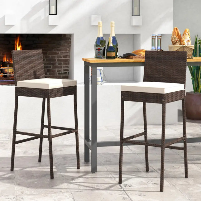 Set of 4 Patio Wicker Barstools with Seat Cushion and Footrest-Set of 4 - Off White - Patio Bar Furniture